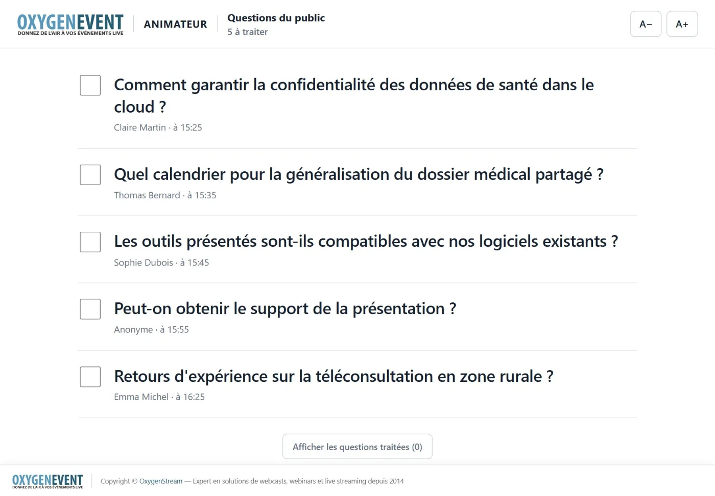 Page animateur : liste de questions du public en grand format