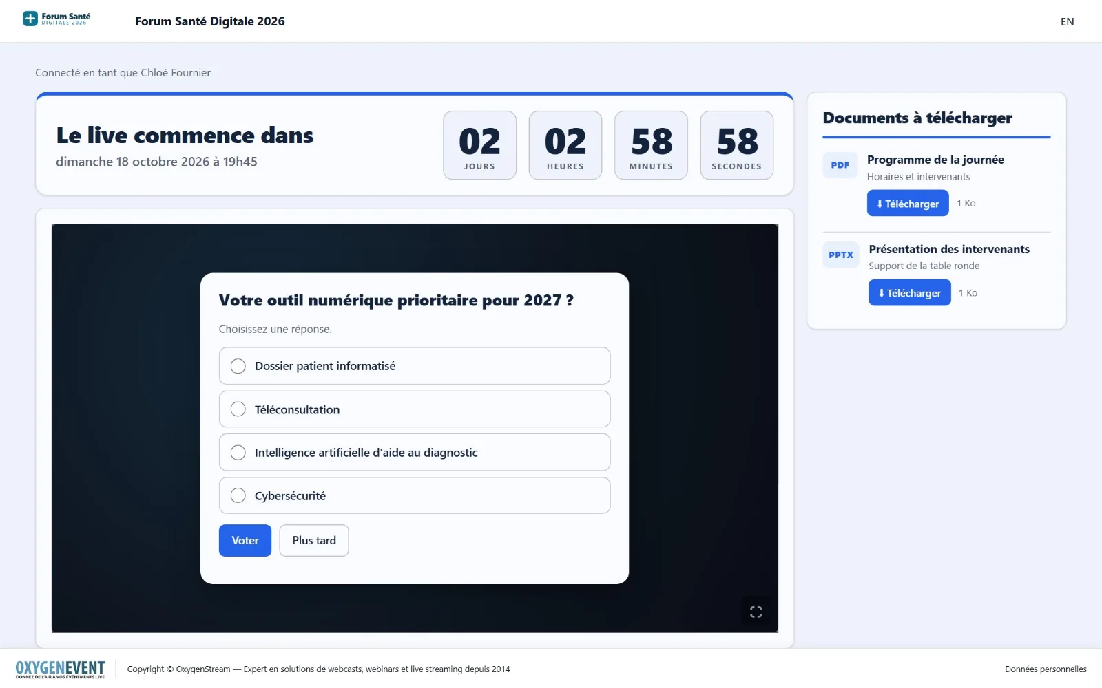 Page de live OxygenEvent : compte à rebours, lecteur vidéo, documents et question de vote par-dessus la vidéo