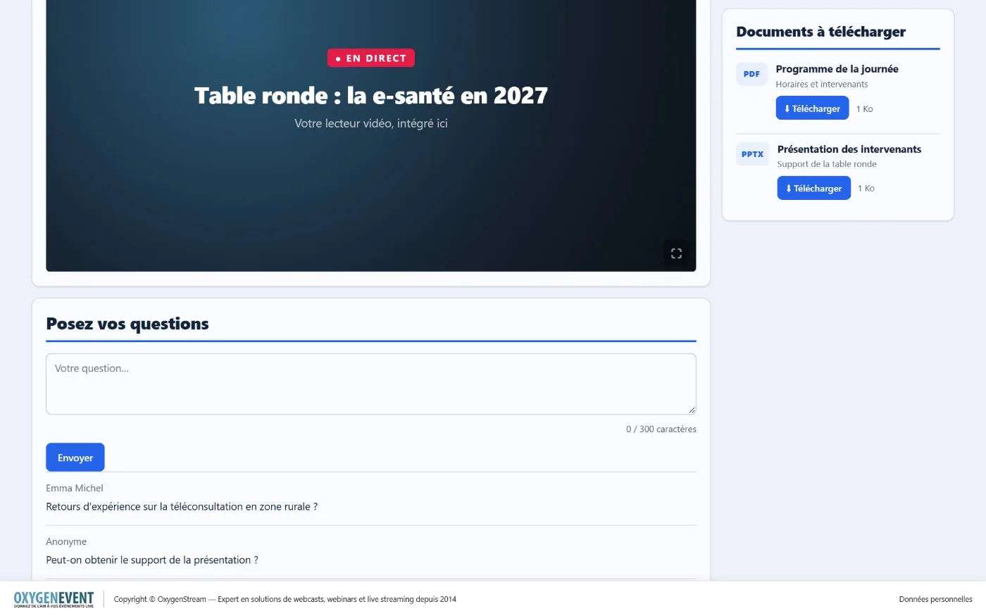 Page de live : lecteur vidéo, documents à télécharger et zone de questions du public
