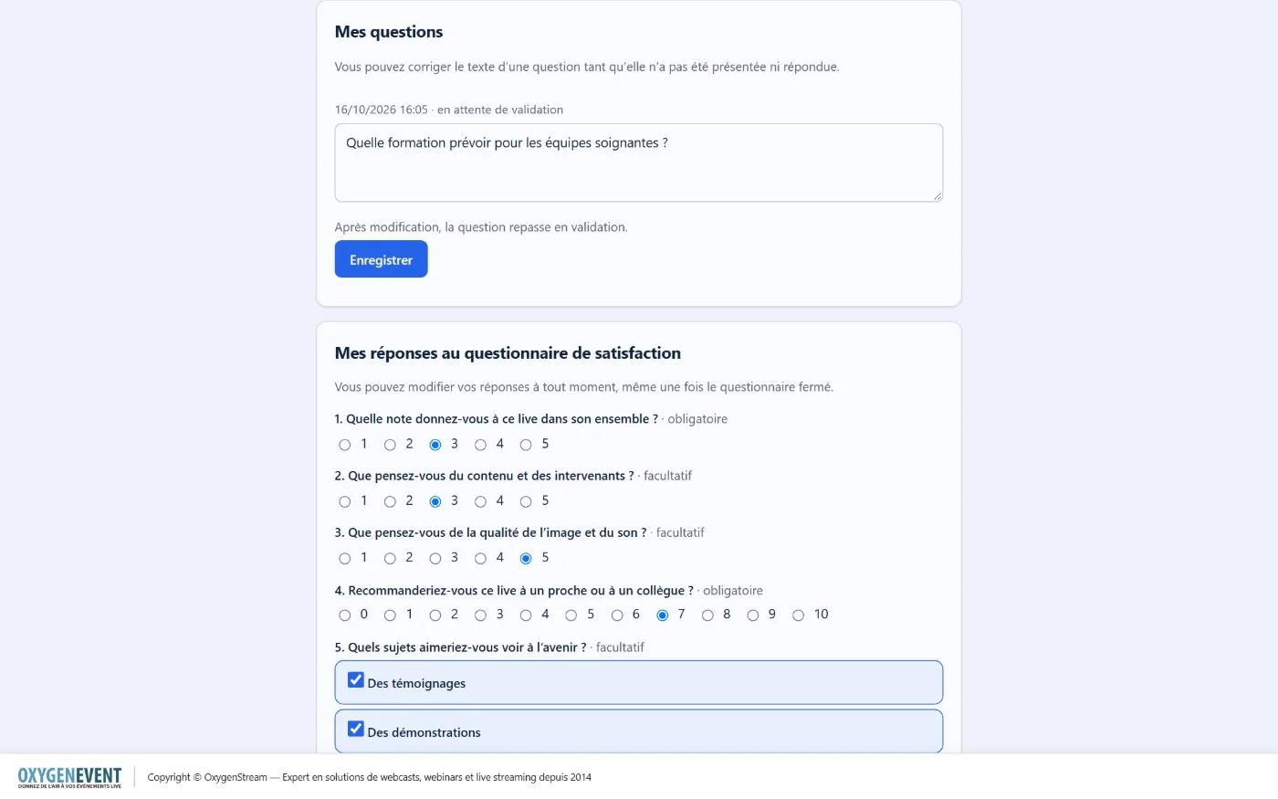 Page Données personnelles : modifier ses questions et ses réponses au questionnaire