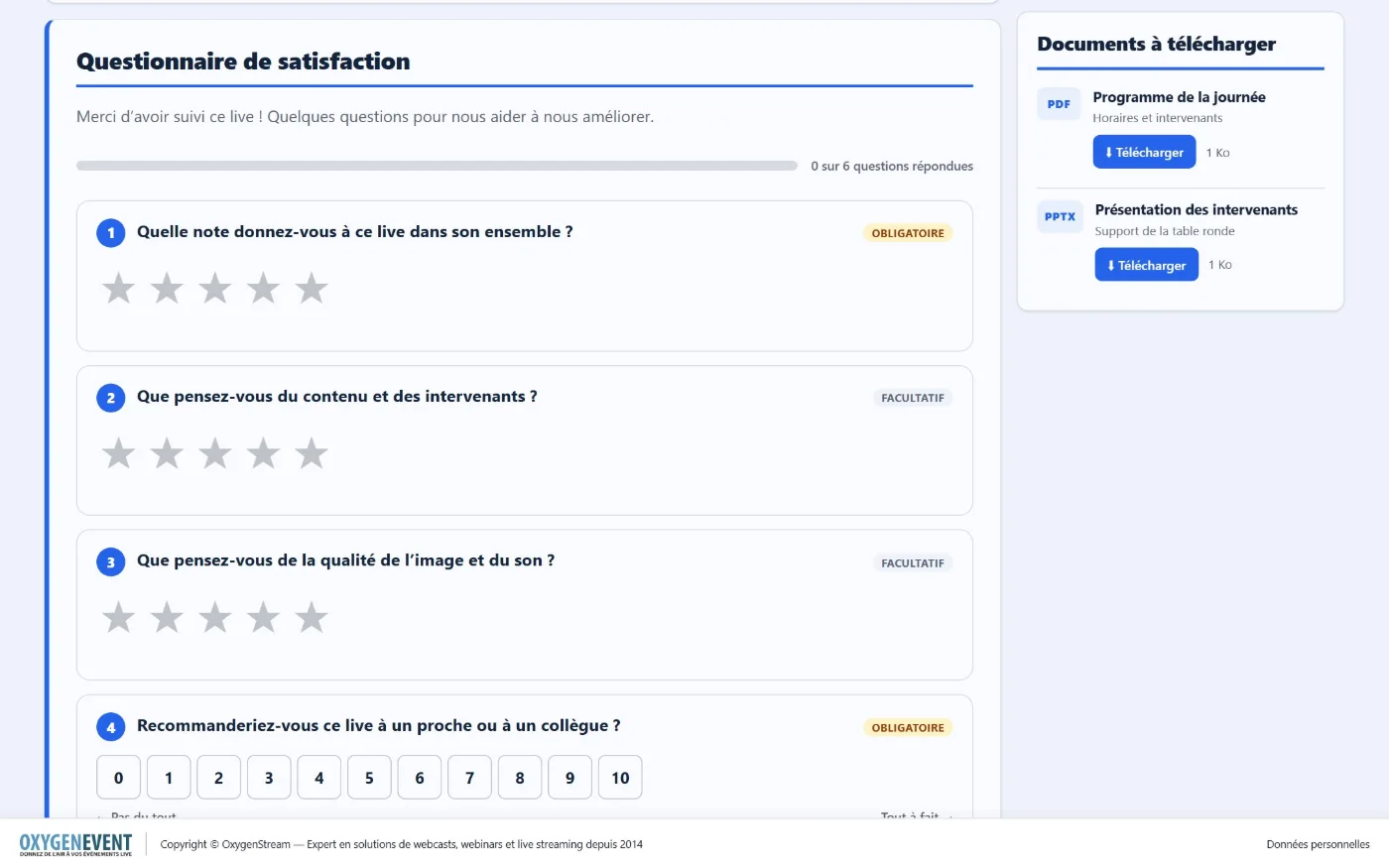 Questionnaire de satisfaction : étoiles, note de 0 à 10, choix multiples